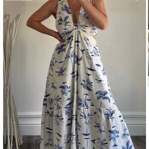 GAROTA Boutique Blue White Palm Tree Cutout Oasis Botanico Midi Maxi Dress M